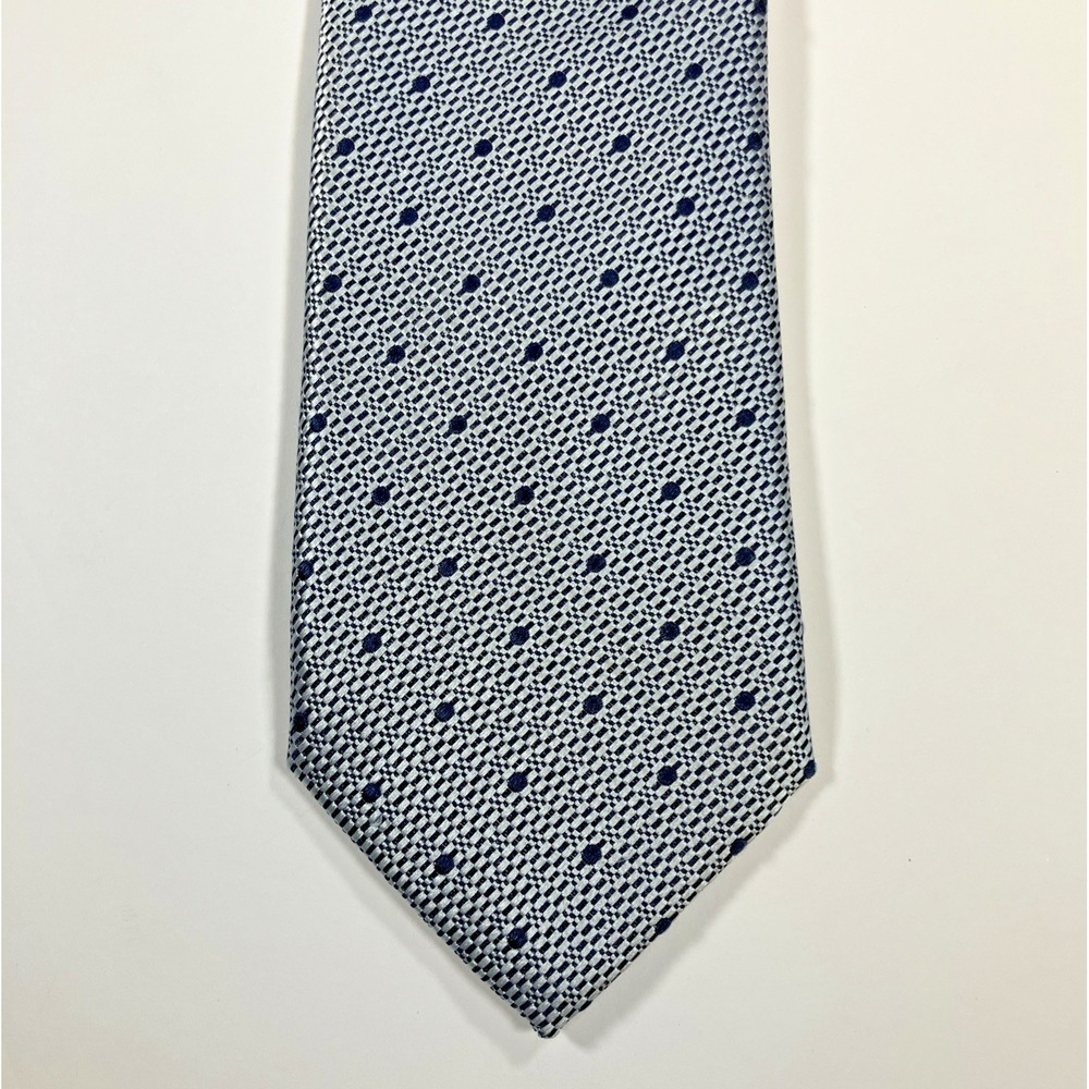 Geoff Nicholson Silk XL Necktie Silver Black Polka Dot Foulard Tie Made in Italy
